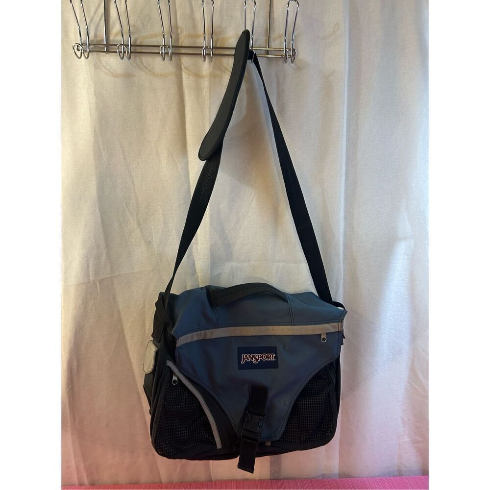 JanSport laptop messenger backpack blue black 19x15 padded 2 zippers (discolorat
